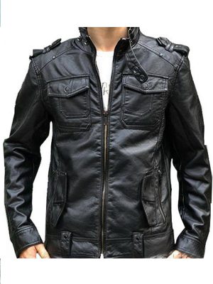 Banded Collar Black Leather Motorcycle Jacket for Men