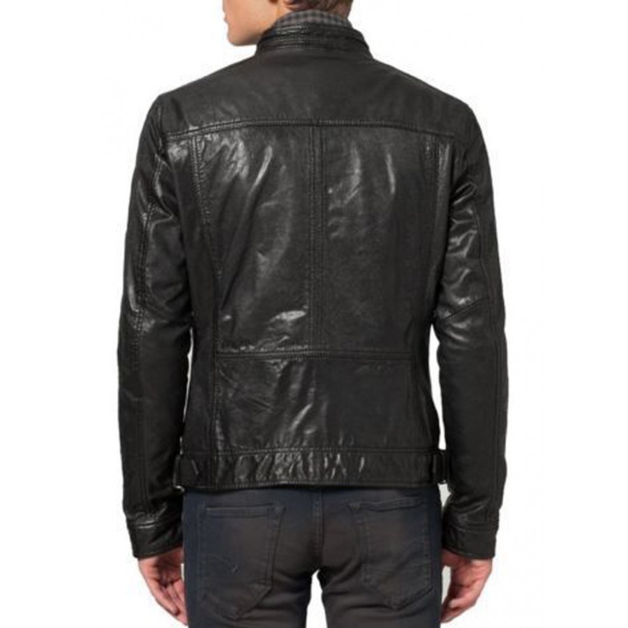 Snap Tab Collar Soft Lambskin Black Leather Bomber Jacket - J4Jacket