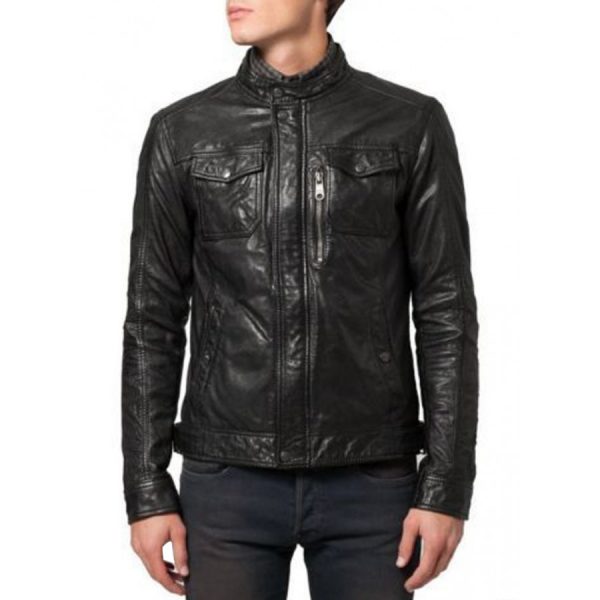 Snap Tab Collar Soft Lambskin Black Leather Bomber Jacket-0