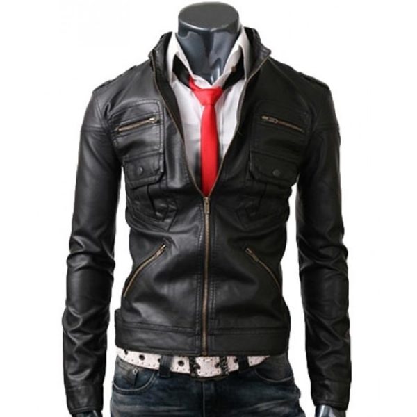 Zip Pocket Mens Slim Fit Black Leather Jacket-0