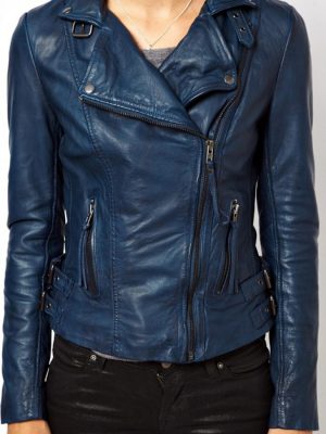 Womens Lambskin Blue Leather Biker Jacket