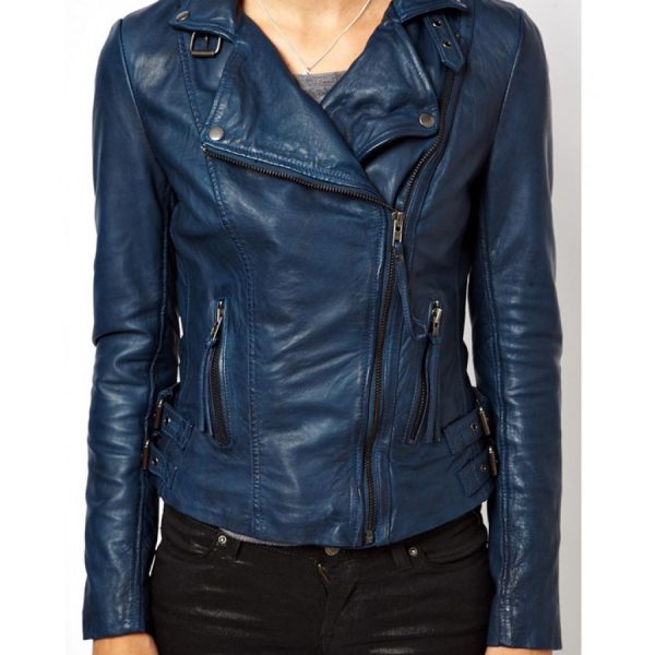 Blue womens Biker Leather Jacket