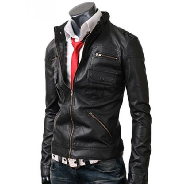 Black Slim-fit Leather Jacket For Men