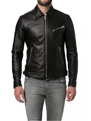 Shirt Collar Soft Lambskin Black Leather Jacket-0