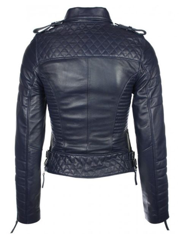 Biker Blue Quilted Leather Jacket Womens - J4Jacket
