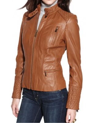 Designer Womens Brown Leather Motorcycle Jacket-0