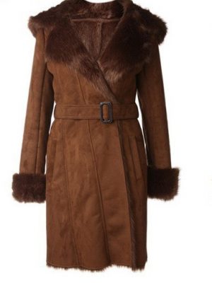 Womens Brown Hoodie Winter Leather Long Coat-0