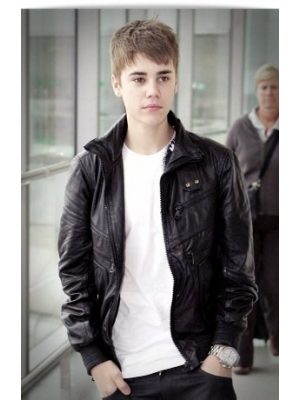 Justin Bieber Black Leather Jacket Heathrow Airport -0