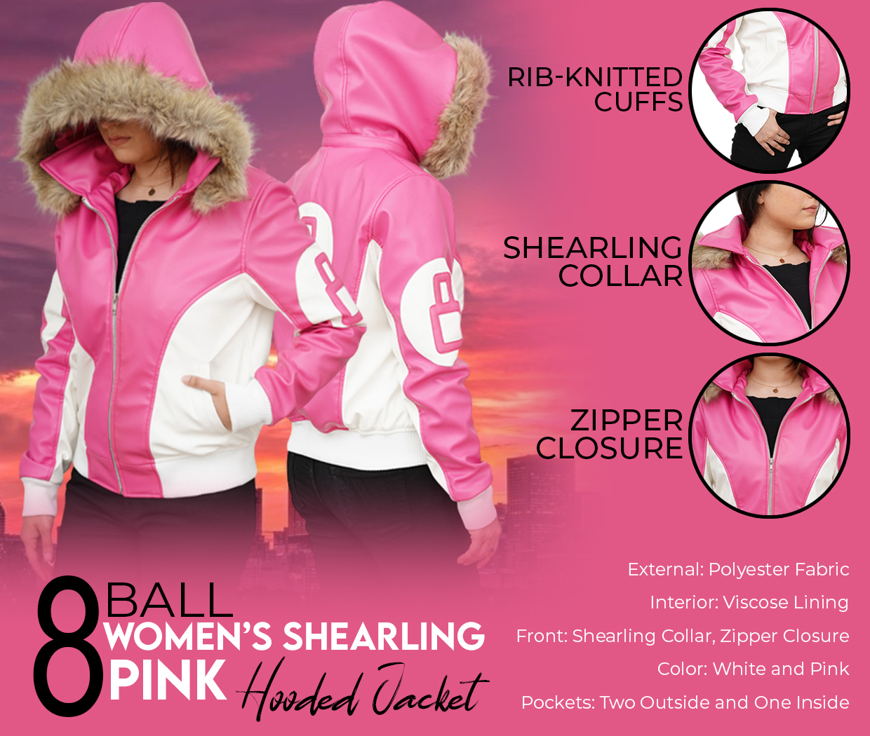 8 Ball Women’s Shearling Pink Hooded Jacket Infographic Post