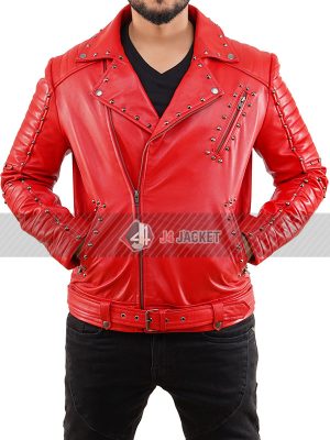 Ginuwine American Singer Studded Red Biker Leather Jacket