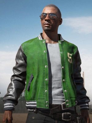 PUBG 5M Green Leather Varsity Jacket