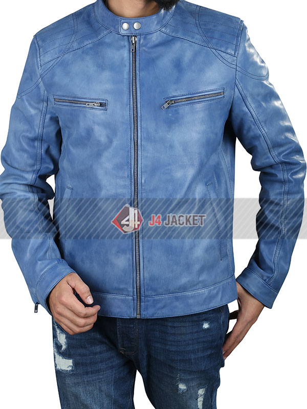 Mens Cafe Racer Slim Fit Snap-Tab Collar Blue Leather Jacket