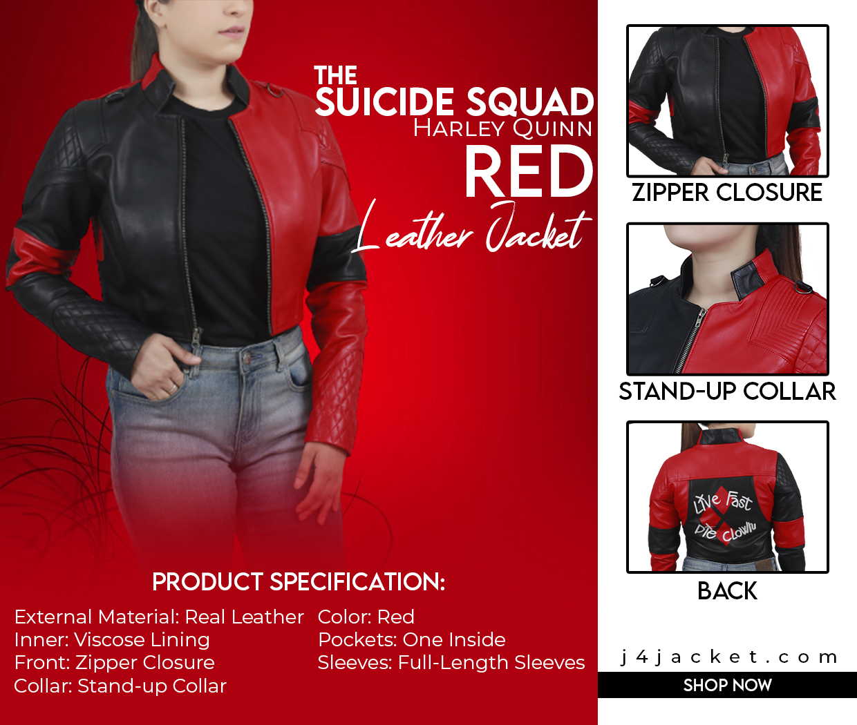 Suicide Squad Harley Quinn Red Leather Jacket Infographic Post