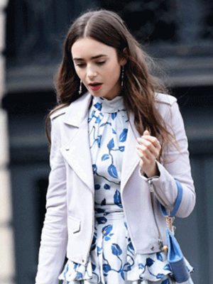 Lily Collins Emily In Paris White Biker Leather Jacket