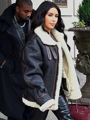 Kim Kardashian Black Bomber Shearling Fur Leather Jacket
