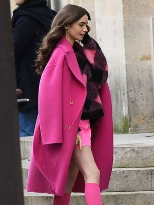Lily Collins Emily In Paris Emily Cooper Pink Wool Trench Coat