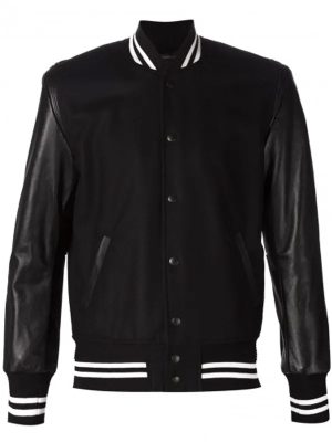 Men’s Black Bomber Leather Sleeves Varsity Jacket