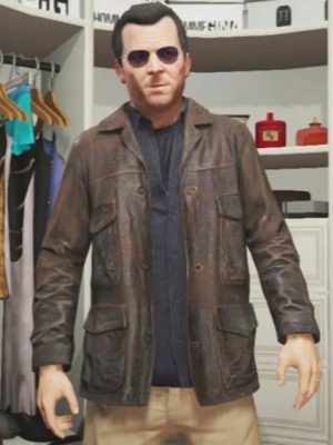Video Game GTA 5 Michael Distressed Brown Leather Jacket