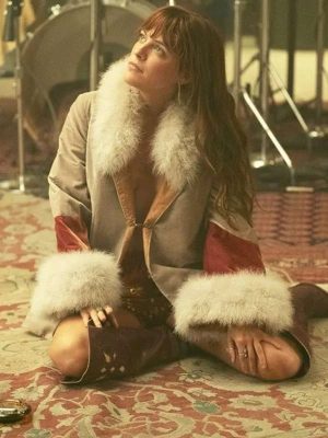Daisy Jones & The Six 2023 Riley Keough Grey and Red Shearling Coat