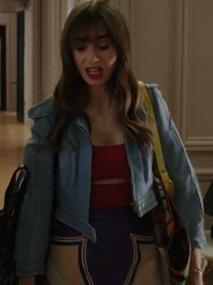 Lily Collins Emily In Paris S03 Emily Cooper Blue Cropped Leather Jacket