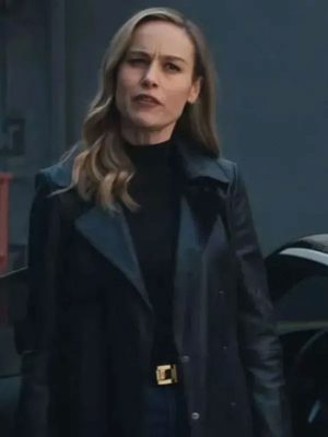 Brie Larson Black Leather Trench Coat