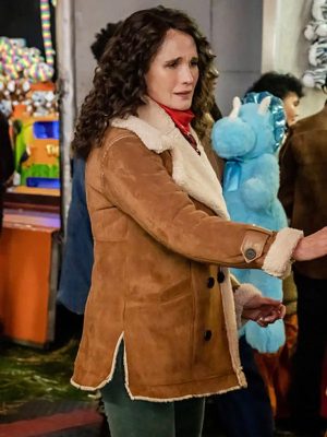 Andie MacDowell The Way Home 2023 Del Landry Brown Suede Leather Shearling Jacket