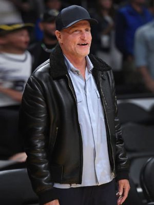 NBA Play of Lakers 2023 Woody Harrelson Black Bomber Shearling Leather Jacket