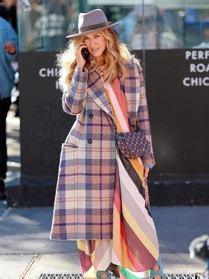 Carrie Bradshaw And Just Like That 2023 Sarah Jessica Parker Plaid Coat