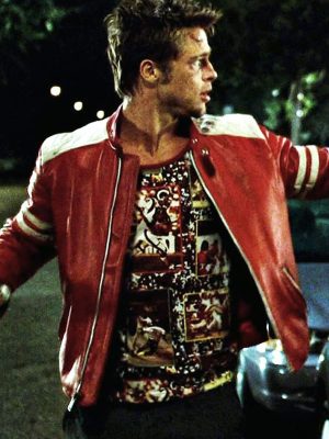 Tyler Durden Fight Club Movie Red and White Leather Jacket