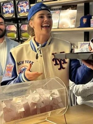 Kate Upton New York Mets Beige and Blue Varsity Jacket