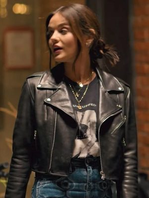 Nicole Matthew Puppy Love 2023 Lucy Hale Black Leather Cropped Moto Jacket