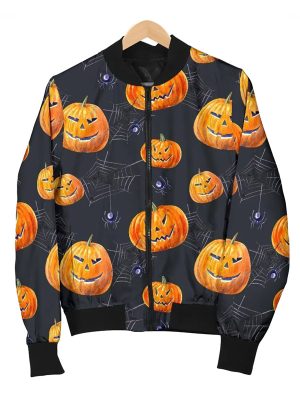 Halloween Pumpkin Pattern Black Bomber Cotton Jacket