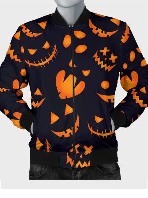 Pumpkins Pattern Black Cotton Bomber Jacket for Halloween