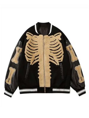 Skeleton Bone Harajuku Halloween Fur Varsity Jacket