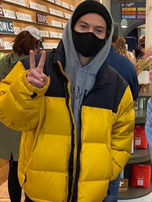 Singer Harry Styles Yellow and Black Puffer Jacket For Sale