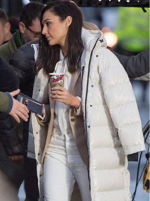Actress Gal Gadot White Puffer Hooded Trench Coat