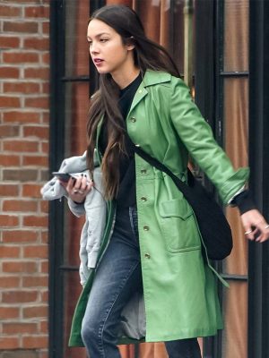 American Singer Olivia Rodrigo Green Leather Trench Coat For Women