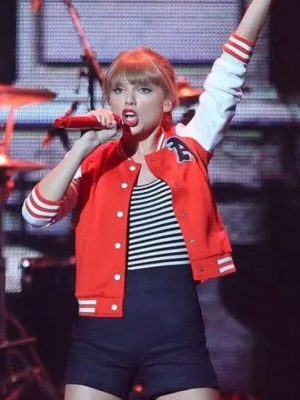 American Singer Taylor Swift Red and White Bomber Jacket
