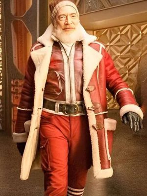 J.K. Simmons Red One Movie 2023 Santa Claus Red Shearling Christmas Coat