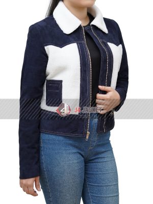 Selena Gomez Blue Leather Shearling Jacket