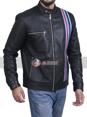 Retro Black Leather Motorcycle Jacket With Black Red Blue Stripes