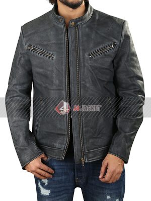 Snap Tab Collar Black Moto Leather Jacket For Men