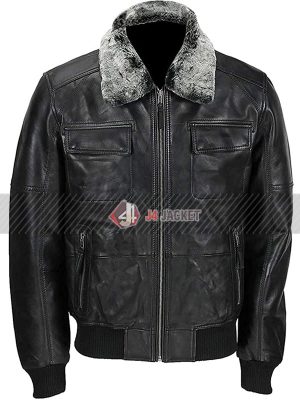 Mens Vintage Casual Black Leather Bomber Fur Collar Jacket