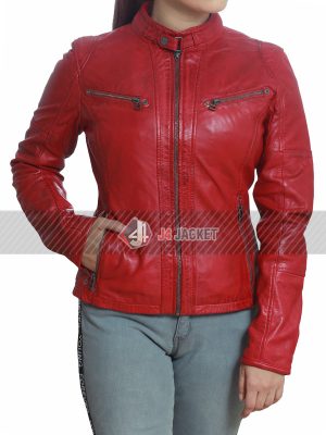 Womens Red Biker Leather Jacket