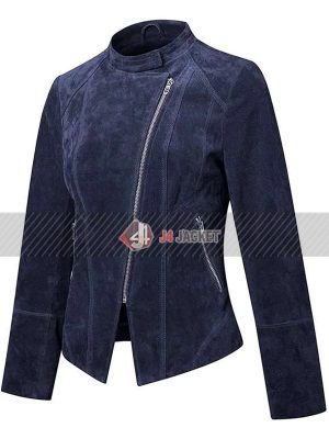 Womens Navy Blue Suede Leather Biker Jacket