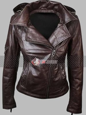 Detachable Hood Chocolate Brown Leather Jacket Womens