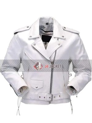 Classic Fit Moto-Racing Belted White Leather Jacket