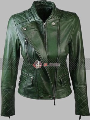 Melinda Slim Fit Biker Quilted Green Leather Jacket