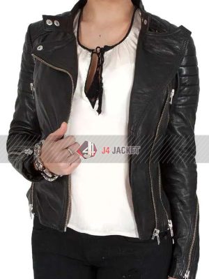 Womens Fitted Crossed Zipper Black Moto Leather Jacket