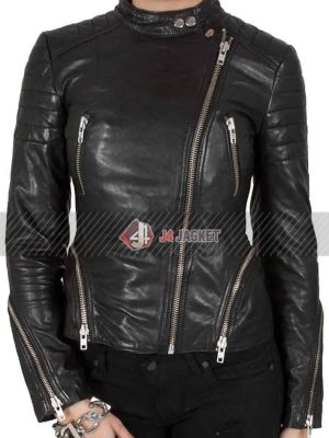 Biker Style Slim Fit Black Genuine Leather Jacket For Women
